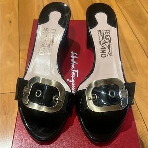 Salvatore Ferragamo Black Patent Mules with Metallic Buckle